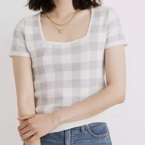 Madewell Square Neck Gingham Knit Sweater Short Sleeve Tee Gray White Top Small - Picture 1 of 9